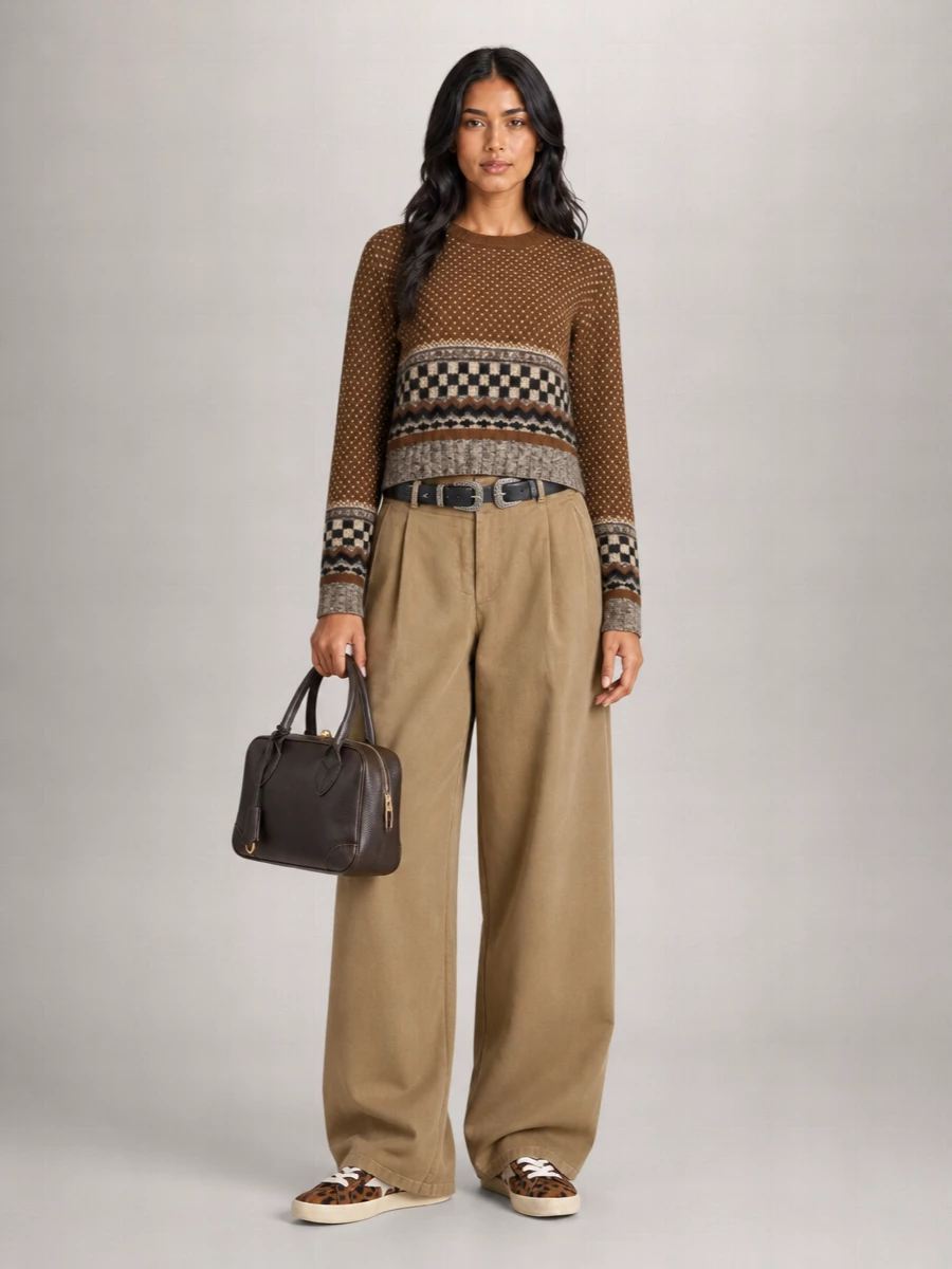 Golden Goose Wool Alpaca Geometric-Print Cropped Crew-Neck Sweater