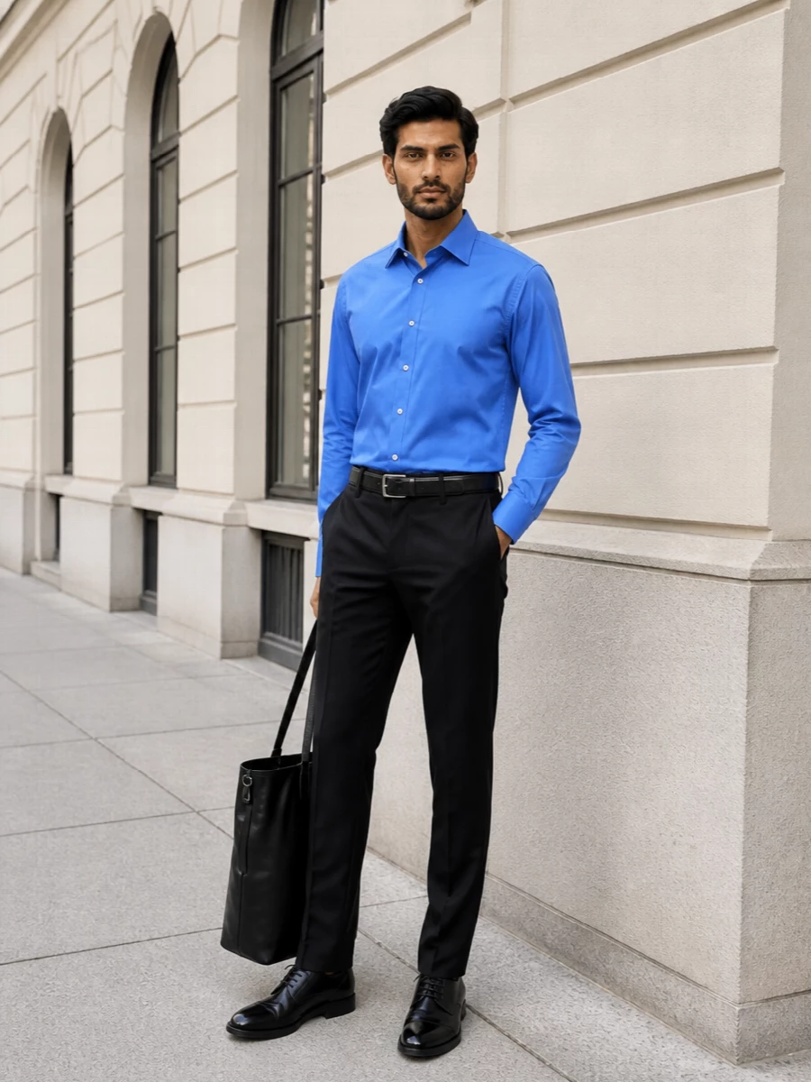 Celine cobalt shirt black tailored trousers outfit