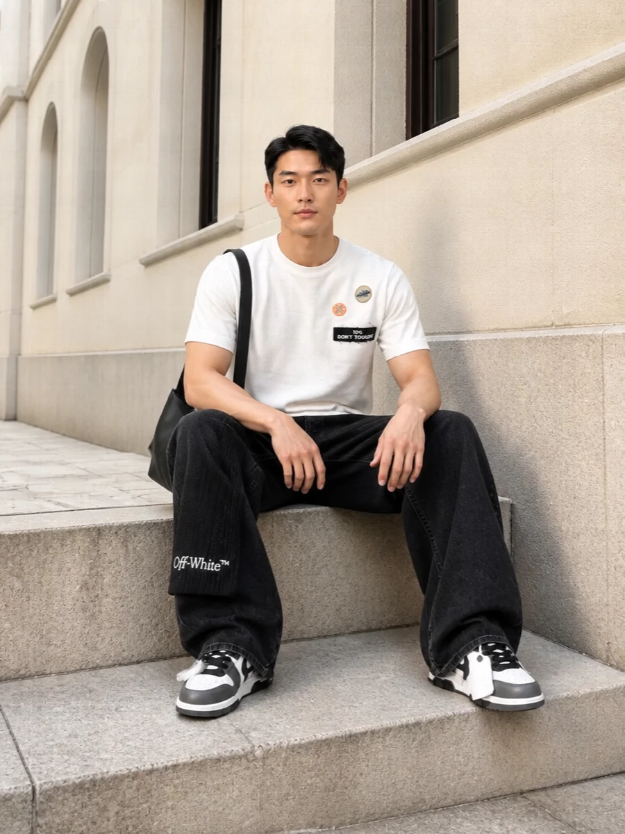 Undercover tee off white wide leg jeans outfit