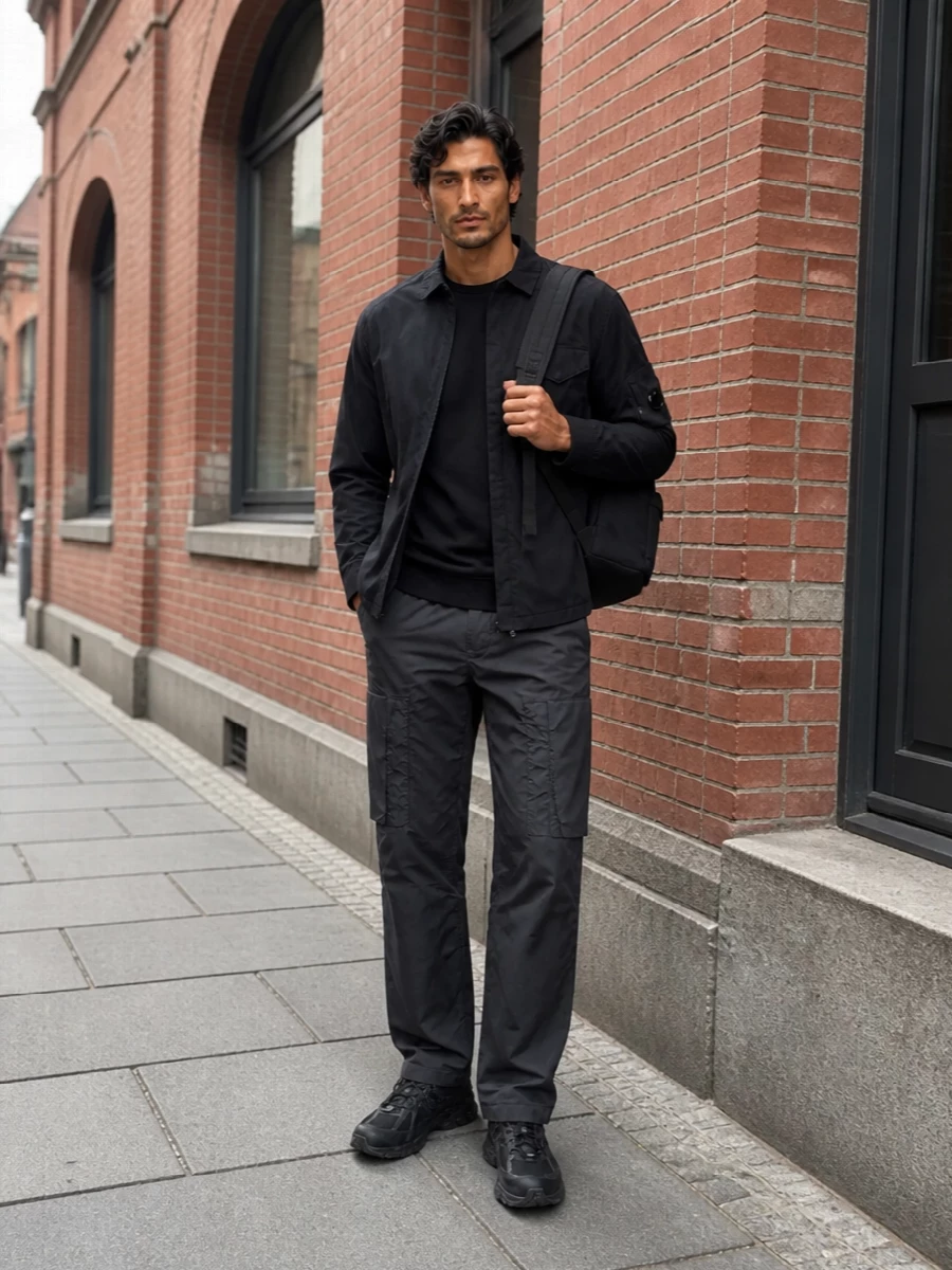 Cp company black overshirt cargo pants outfit