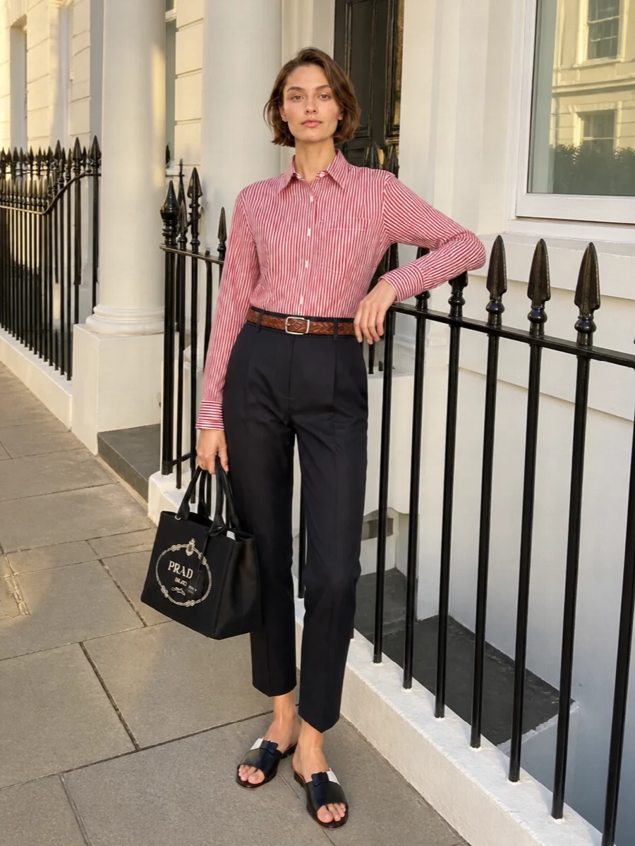 Parosh red striped shirt navy tailored trousers