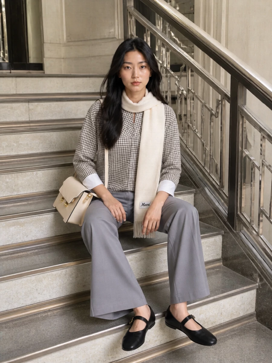 Marni gingham blouse grey flared trousers outfit