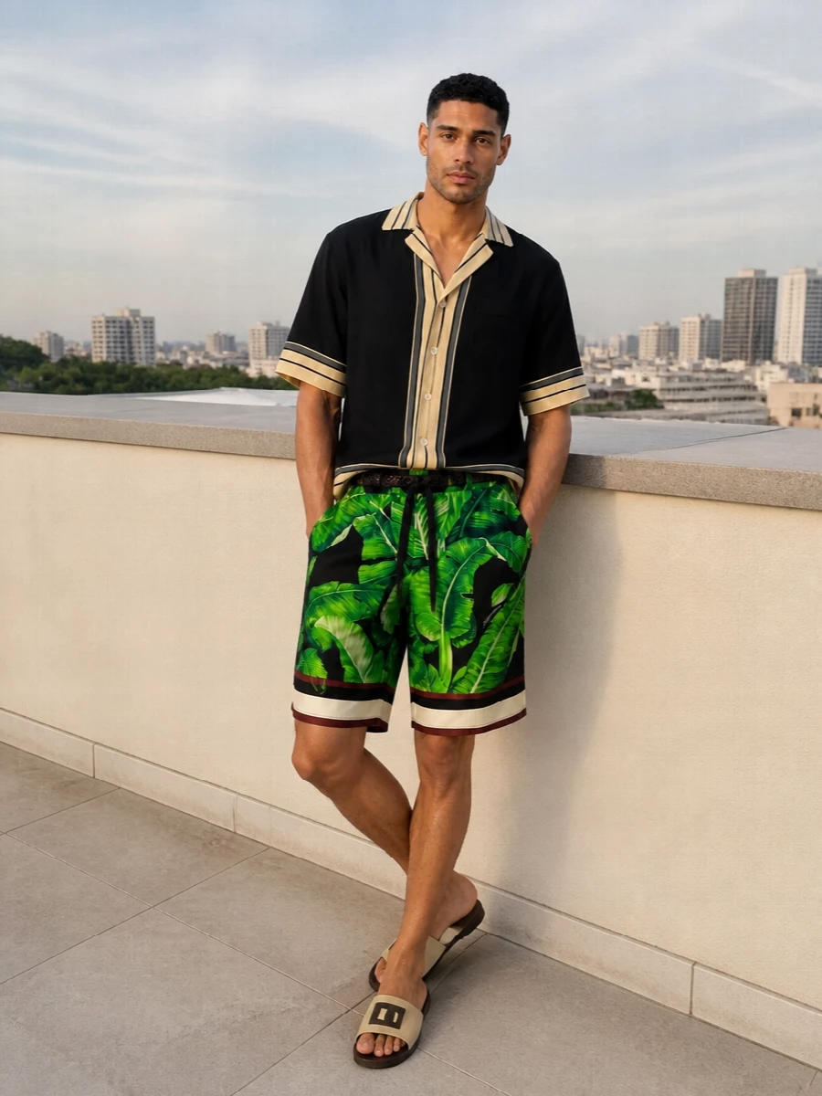 Dolce gabbana green leaf shorts black camp shirt