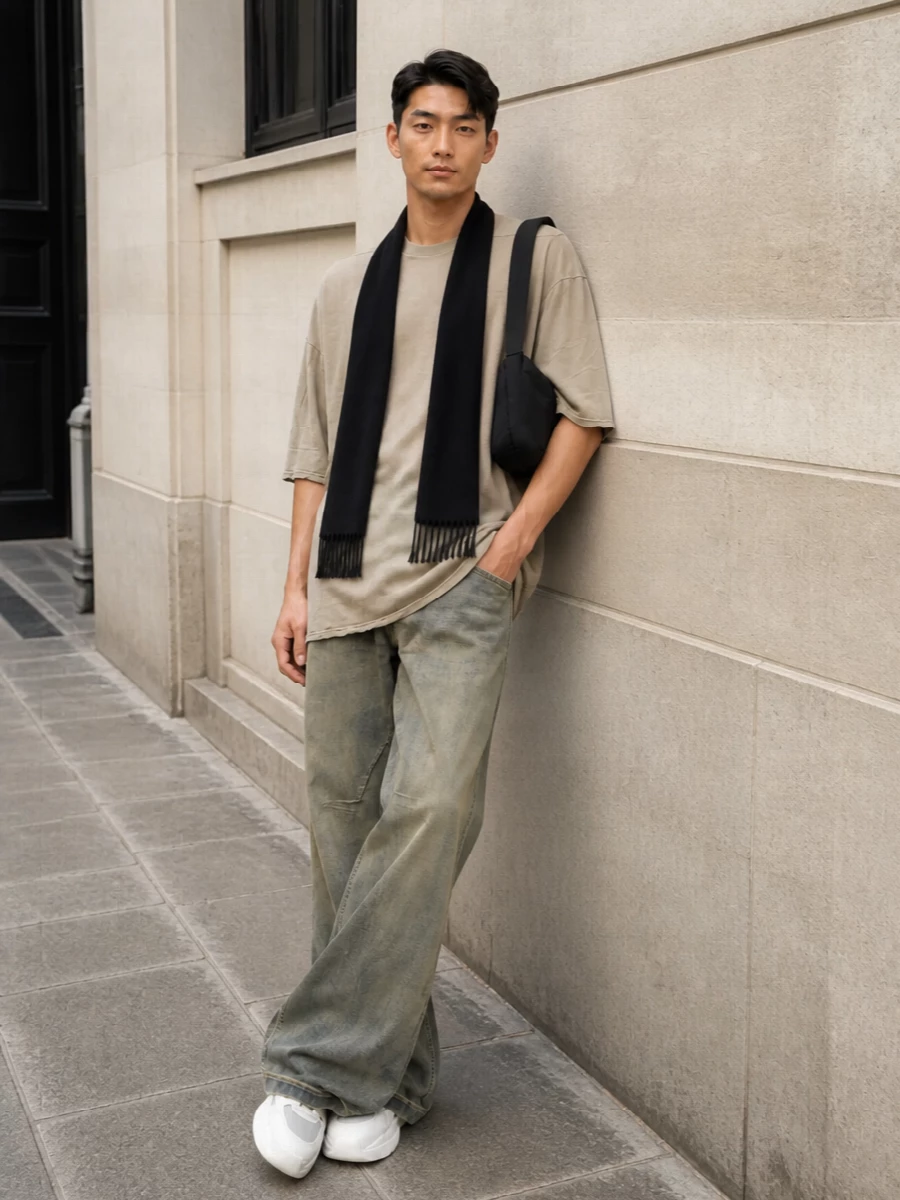 An oversized sand Rick tee drops over faded khaki flared DRKSHDW denim, building that elongated, slouchy Rick silhouette with a muted, grunge-leaning palette. Chunky white-and-grey Prada sneakers pool slightly under the hem for a clean but substantial base, while a matte black padded Balenciaga shoulder bag and a slim Saint Laurent scarf add quiet, urban polish without disturbing the minimalist streetwear mood.