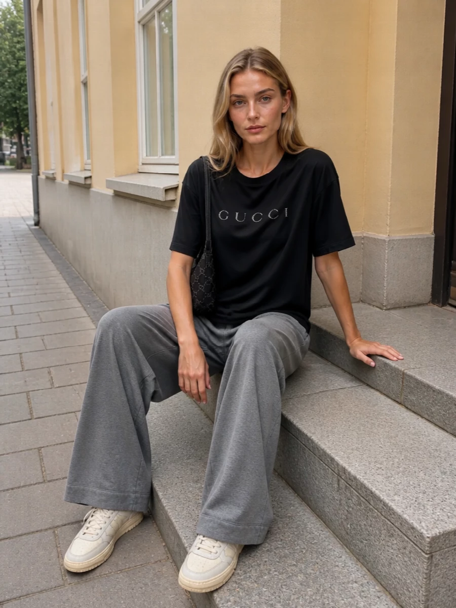 Gucci black logo tshirt grey wide leg pants