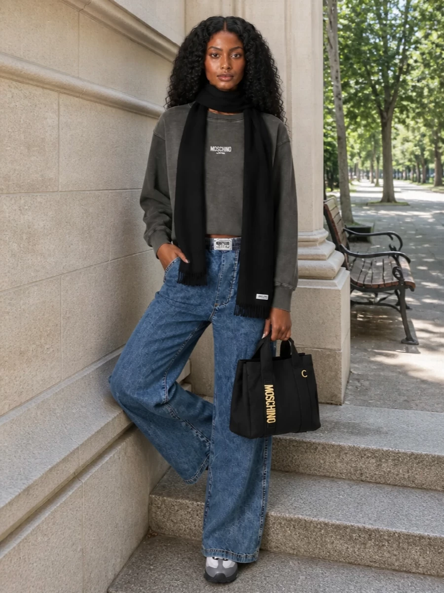 Washed indigo wide-leg denim meets a faded charcoal logo sweatshirt for an easy, sport-influenced street uniform. Chunky grey and navy runners keep the proportions grounded and practical, while a compact black Moschino tote finishes the palette with clean, graphic utility. A black ribbed scarf slips over the top when the temperature drops, adding subtle texture without breaking the laid-back rhythm.