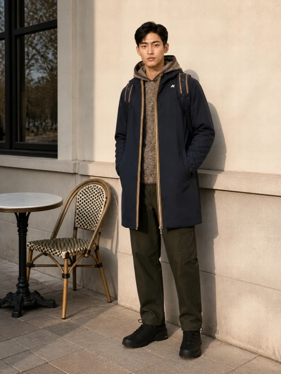 K way parka cargo pants technical sneakers