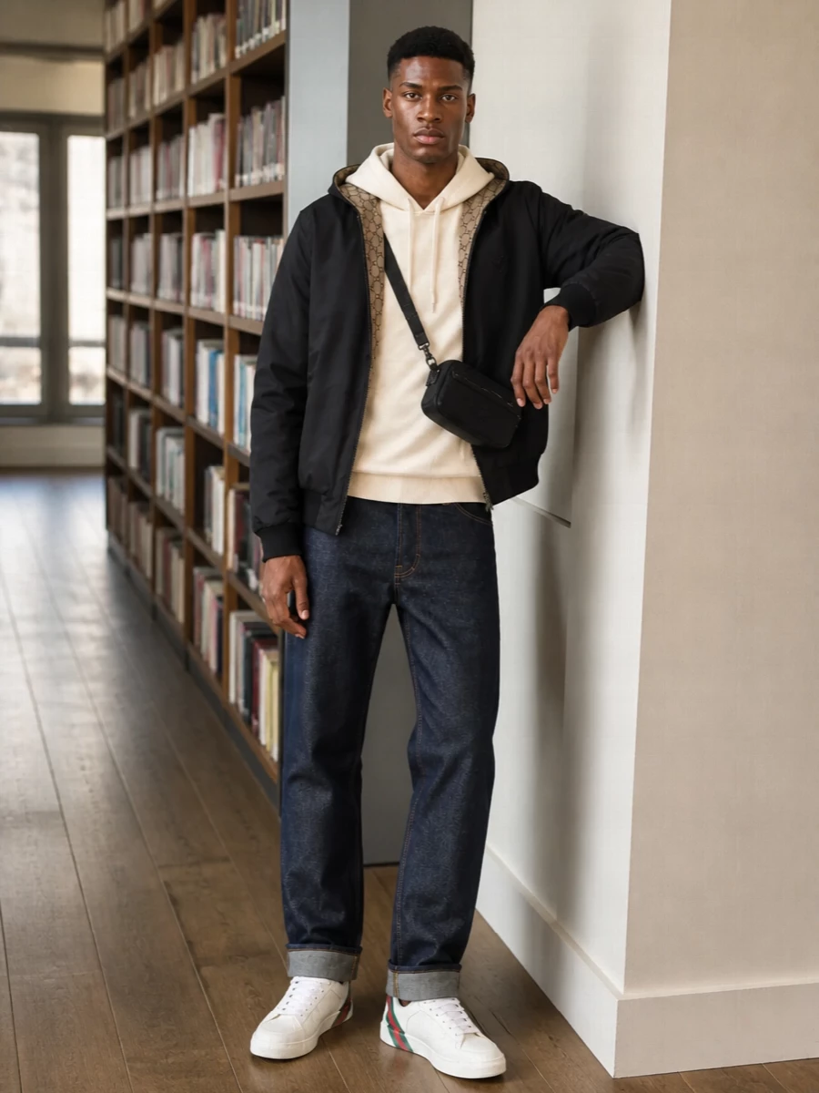 Gucci mens black bomber cream hoodie denim