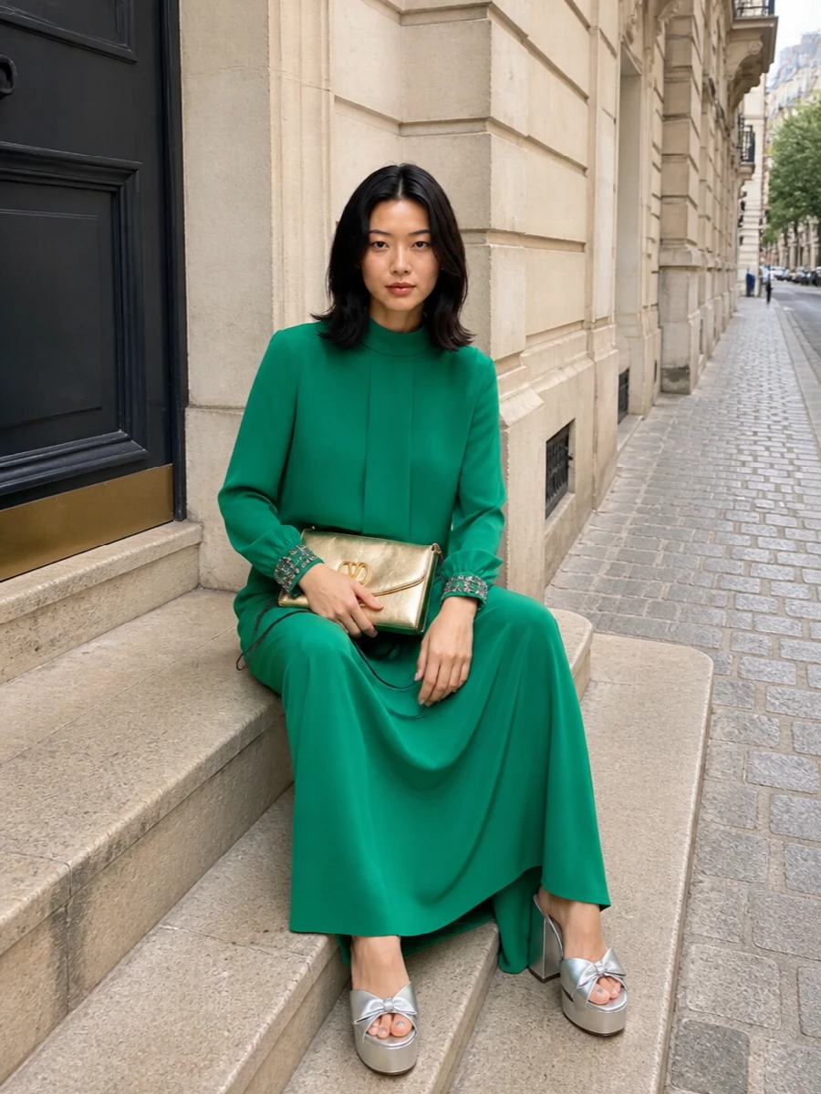 Valentino emerald gown silver platform heels clutch