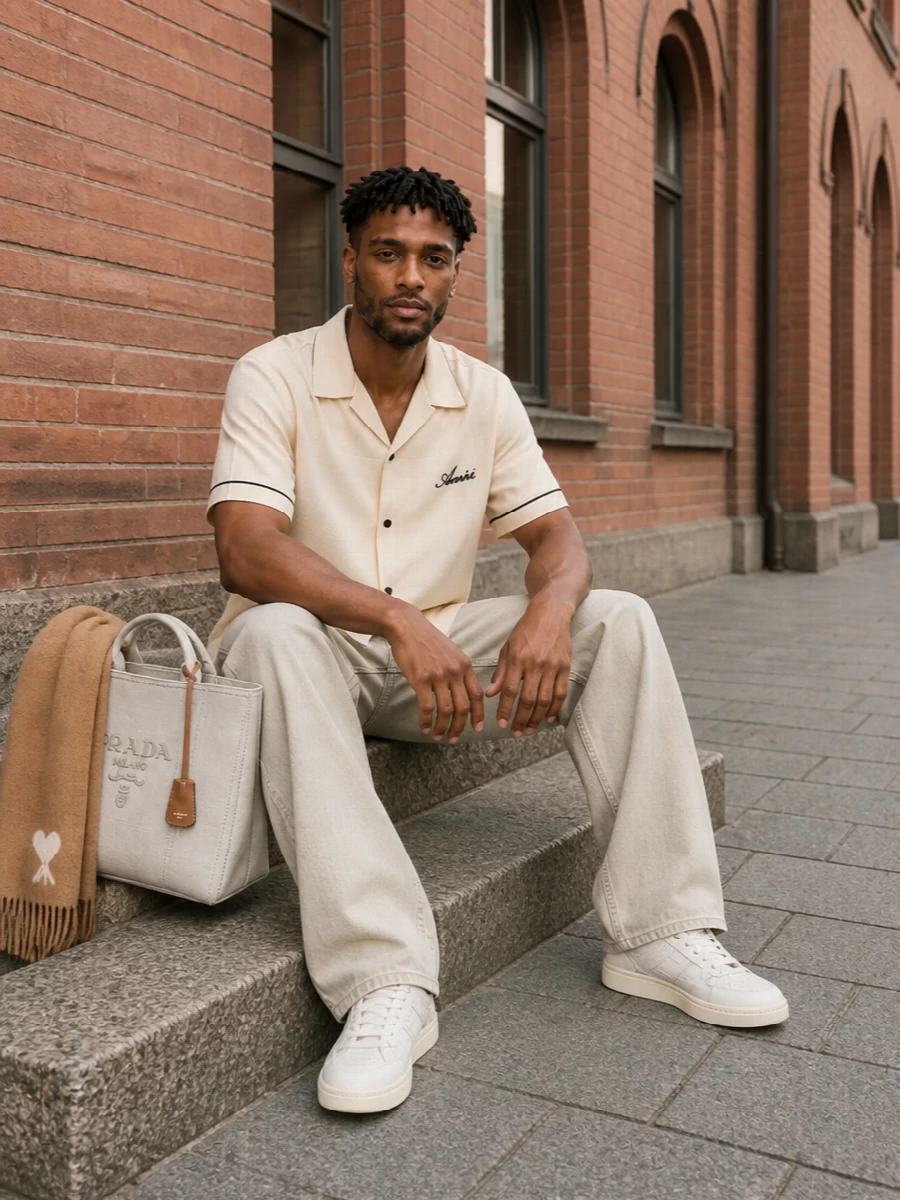 Amiri camp collar sand denim prada tote