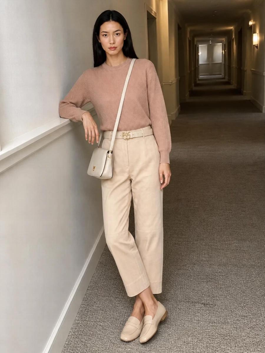 Soft neutrals on neutrals keep this pairing calm and considered, from the sand trouser to the nude ribbed knit. Clean lines and a close-but-not-tight fit give it that relaxed, quietly polished city energy. Use the light bag and subtle belt hardware to introduce just enough structure and shine without tipping it into something formal.
