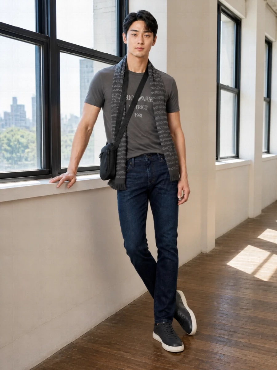 Emporio armani charcoal tee dark jeans outfit