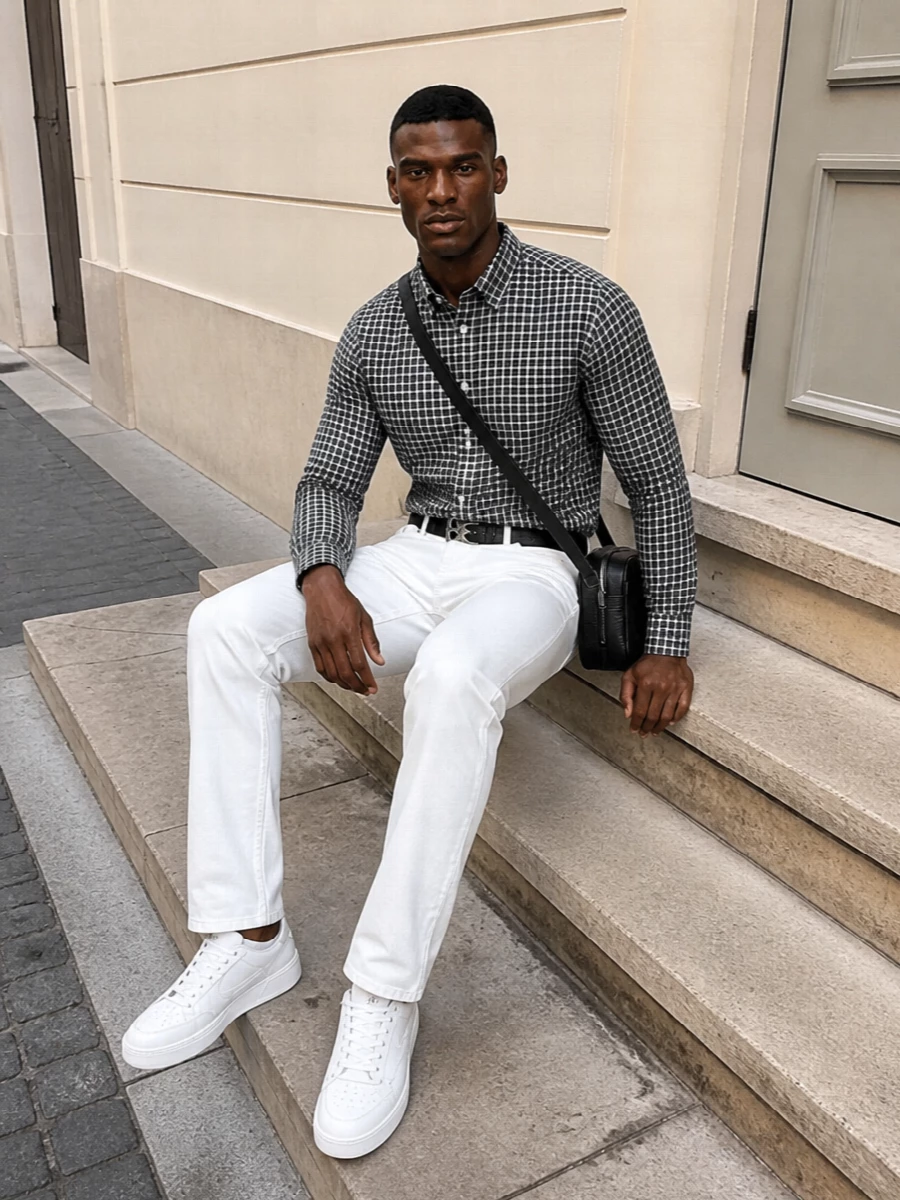 Celine checked shirt white trousers sneakers