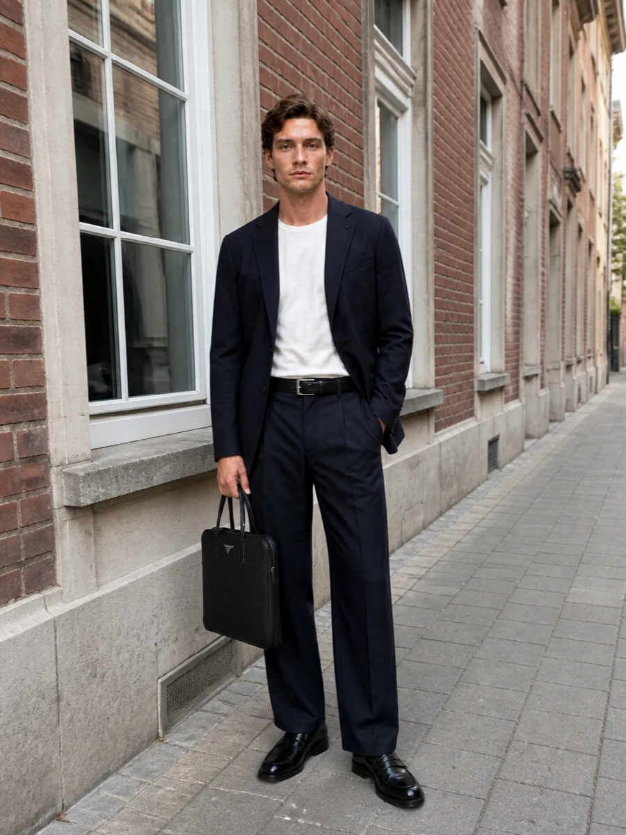 Lardini navy blazer wide leg trouser prada bag