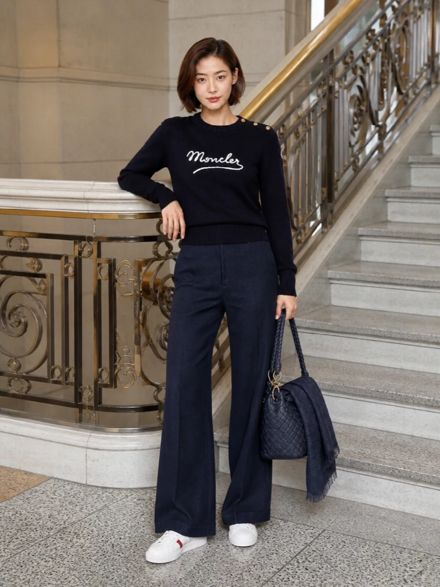 Moncler navy jumper wide leg trousers outfit