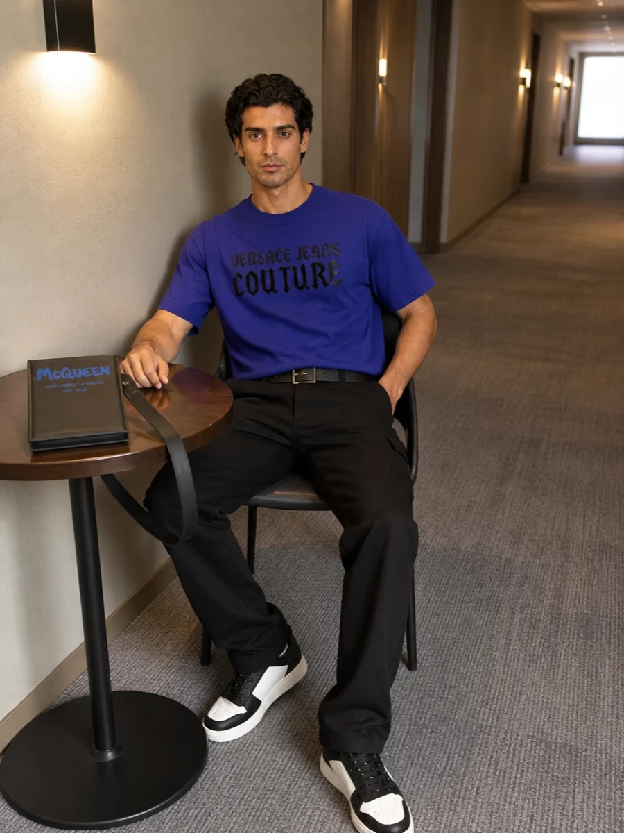 Versace cobalt tee black cargo pants sneakers