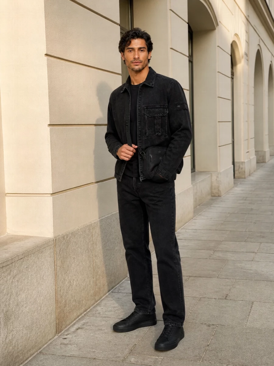 Stone island black denim jacket jeans outfit