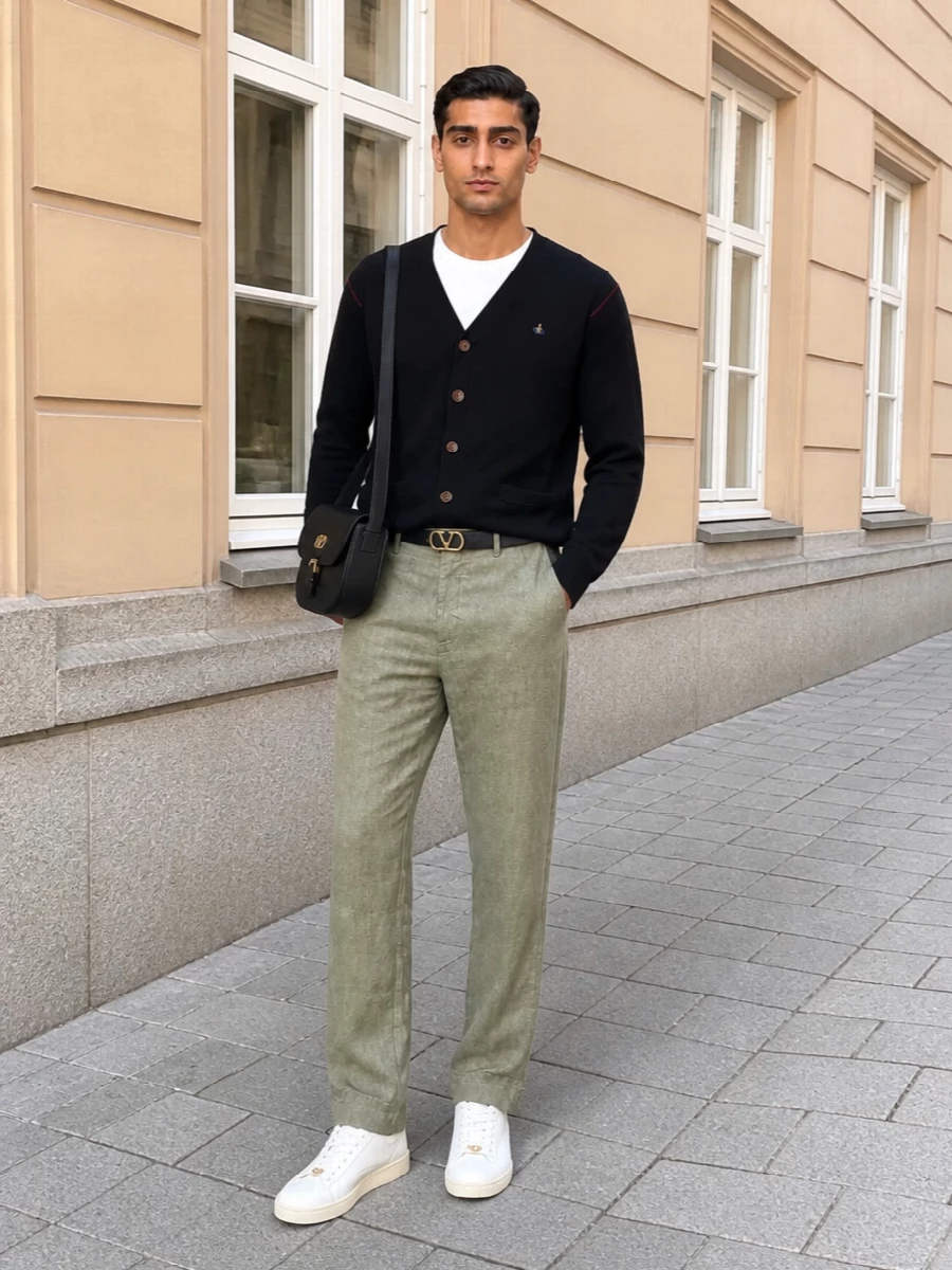 Vivienne Westwood’s black cardigan sits neatly over muted sage tailored trousers for a smart, quiet statement that feels right for city days and low-key dinners. Clean white leather sneakers keep the mood relaxed and modern. A structured black crossbody and slim black belt echo the cardigan’s polish, pulling the palette together with discreet gold accents.