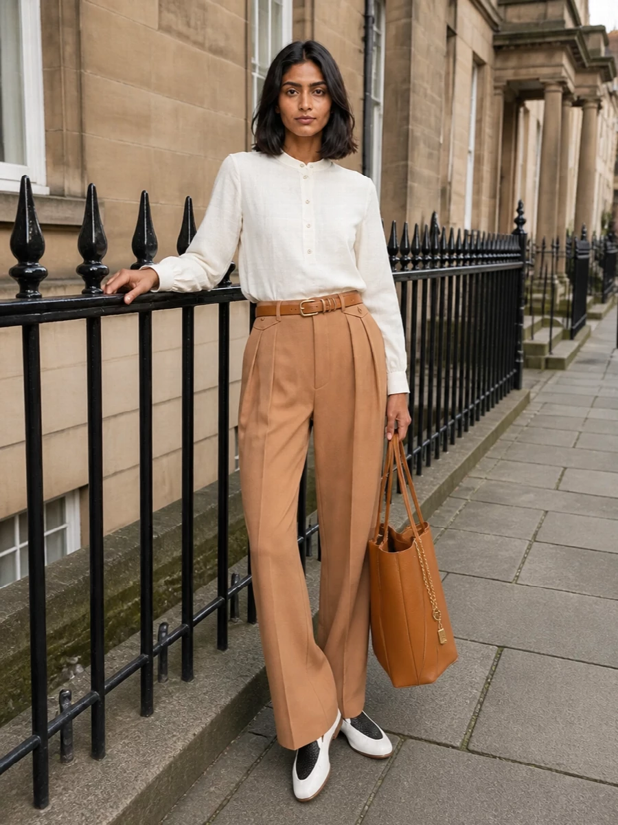 Chloe ivory blouse camel tailored trousers outfit