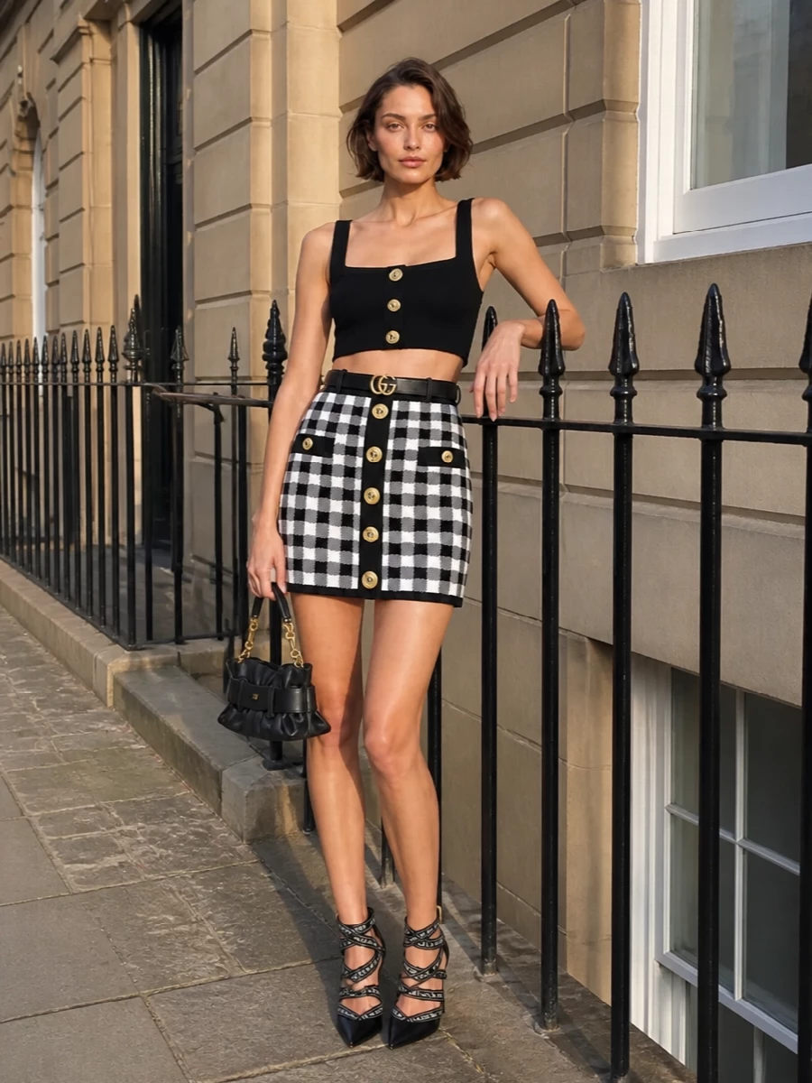 Balmain gingham mini skirt black crop outfit