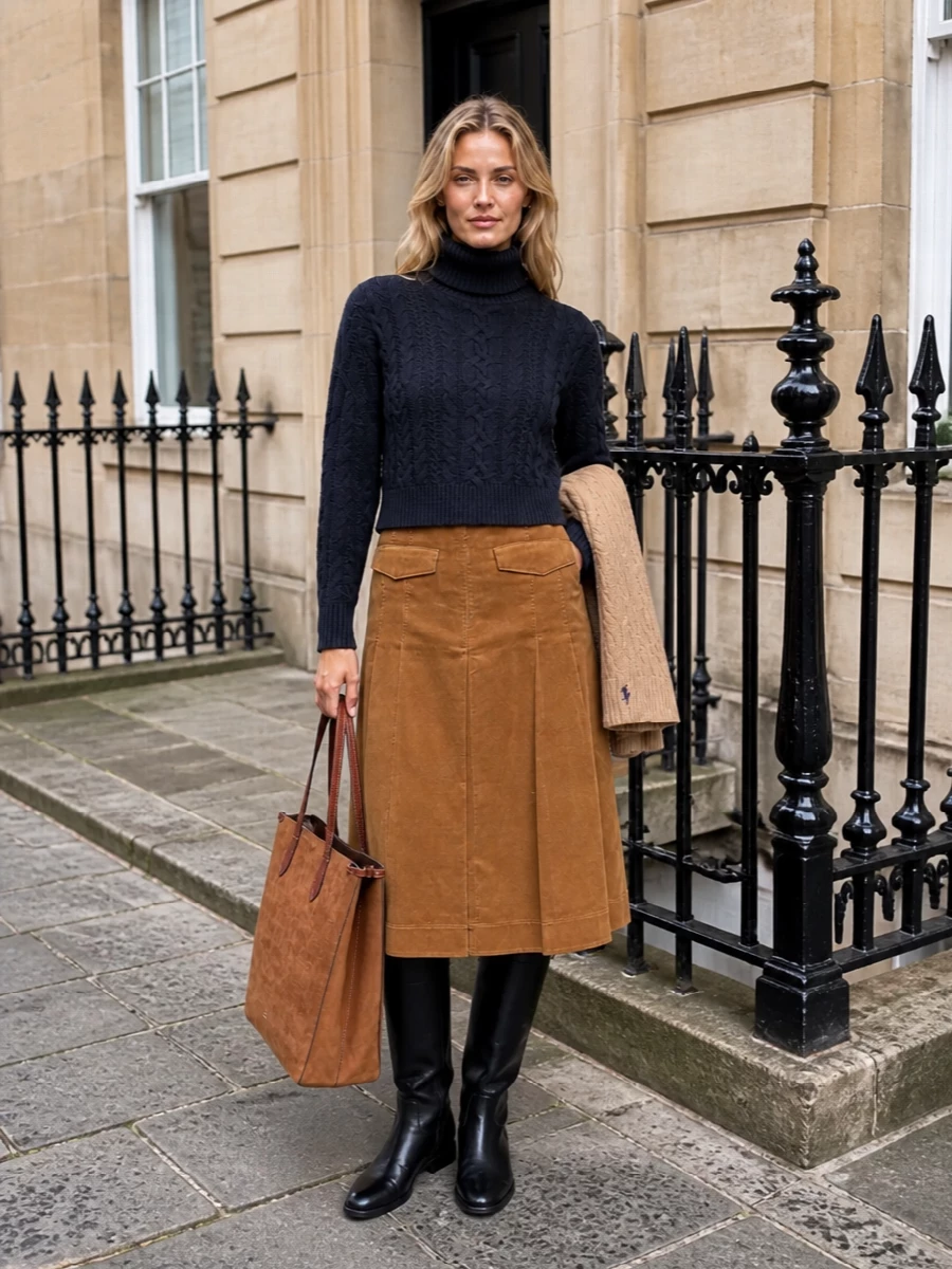 Ralph lauren navy turtleneck camel midi skirt