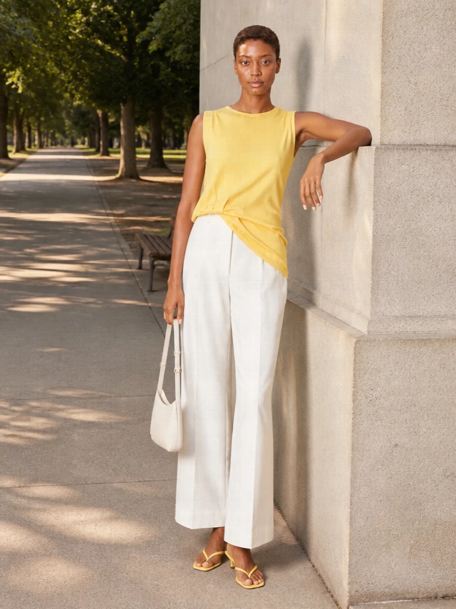 Jacquemus yellow draped top white wide leg pants