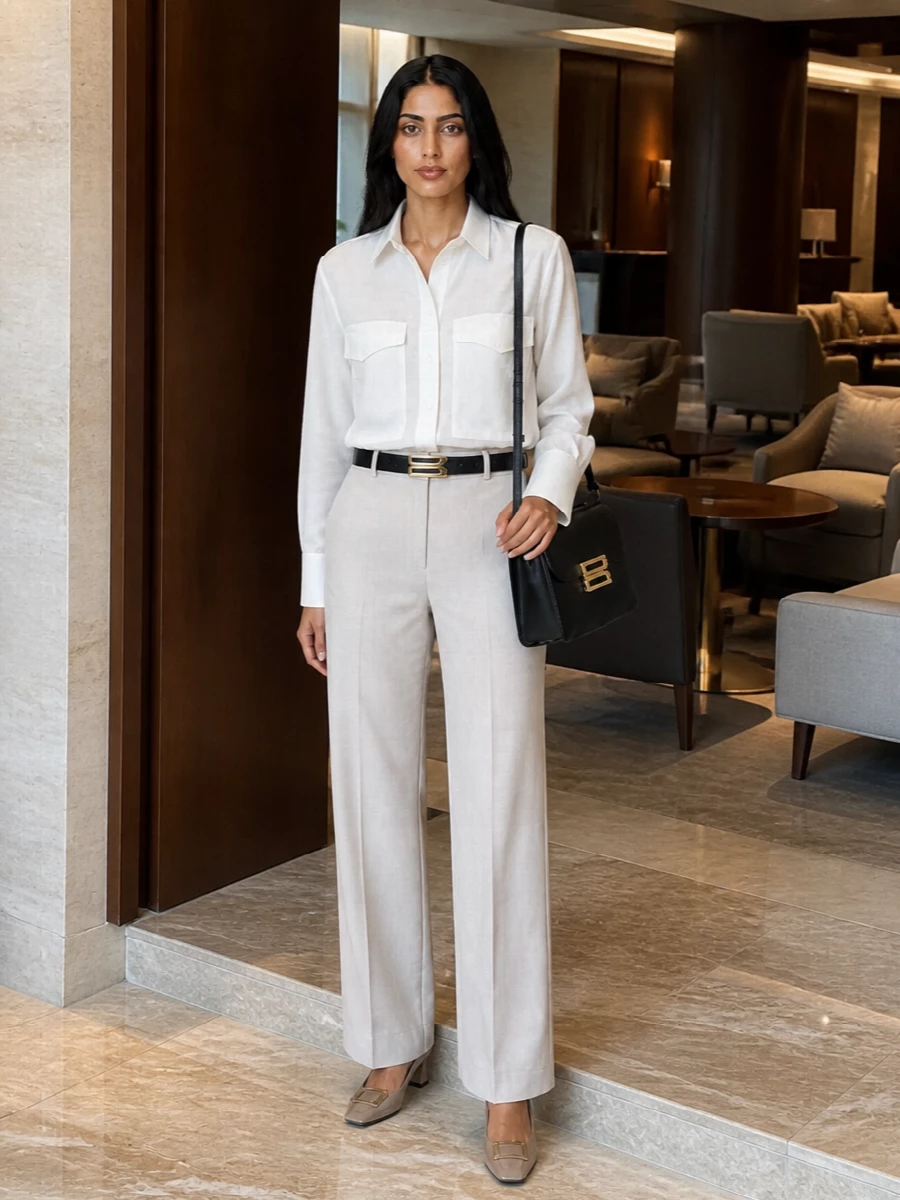 Victoria beckham taupe wide leg trousers outfit