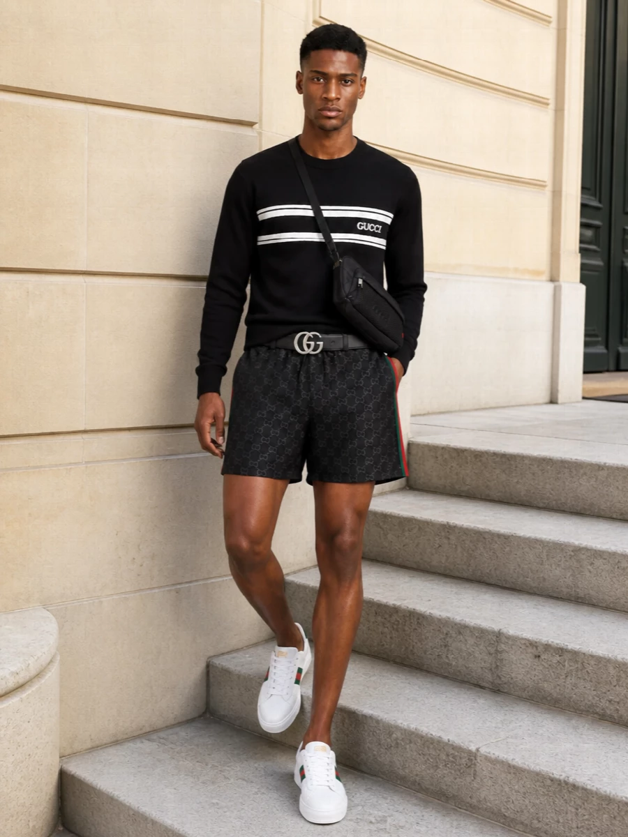 This look leans into a monochrome, athletic Gucci story: black GG swim shorts grounded by a sharp black crew-neck knit for a more city-ready take on resort styling. Clean white web-stripe sneakers brighten and freshen the palette, while a slim black crossbody and pared-back belt keep the branding focused and elevated rather than loud. It’s a sleek, logo-fluent outfit that moves effortlessly from pool deck to rooftop bar in cooler FW weather.