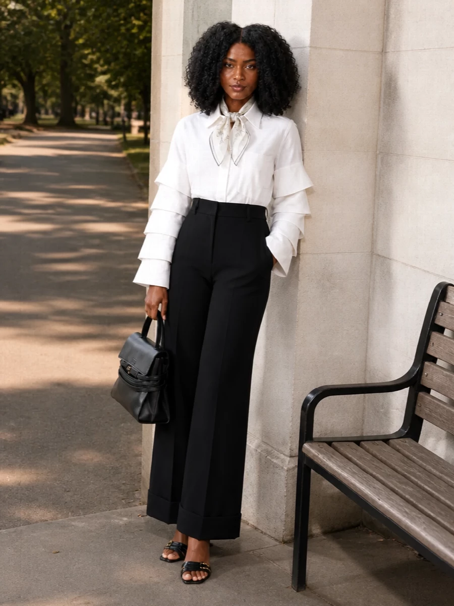 Moschino white shirt black wide leg trousers outfit