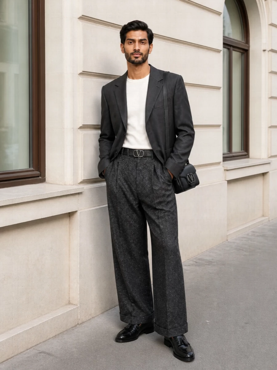 Valentino charcoal wide leg trouser blazer loafers
