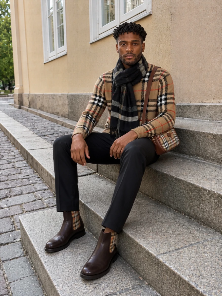 Burberry check sweater black trousers chelsea boots