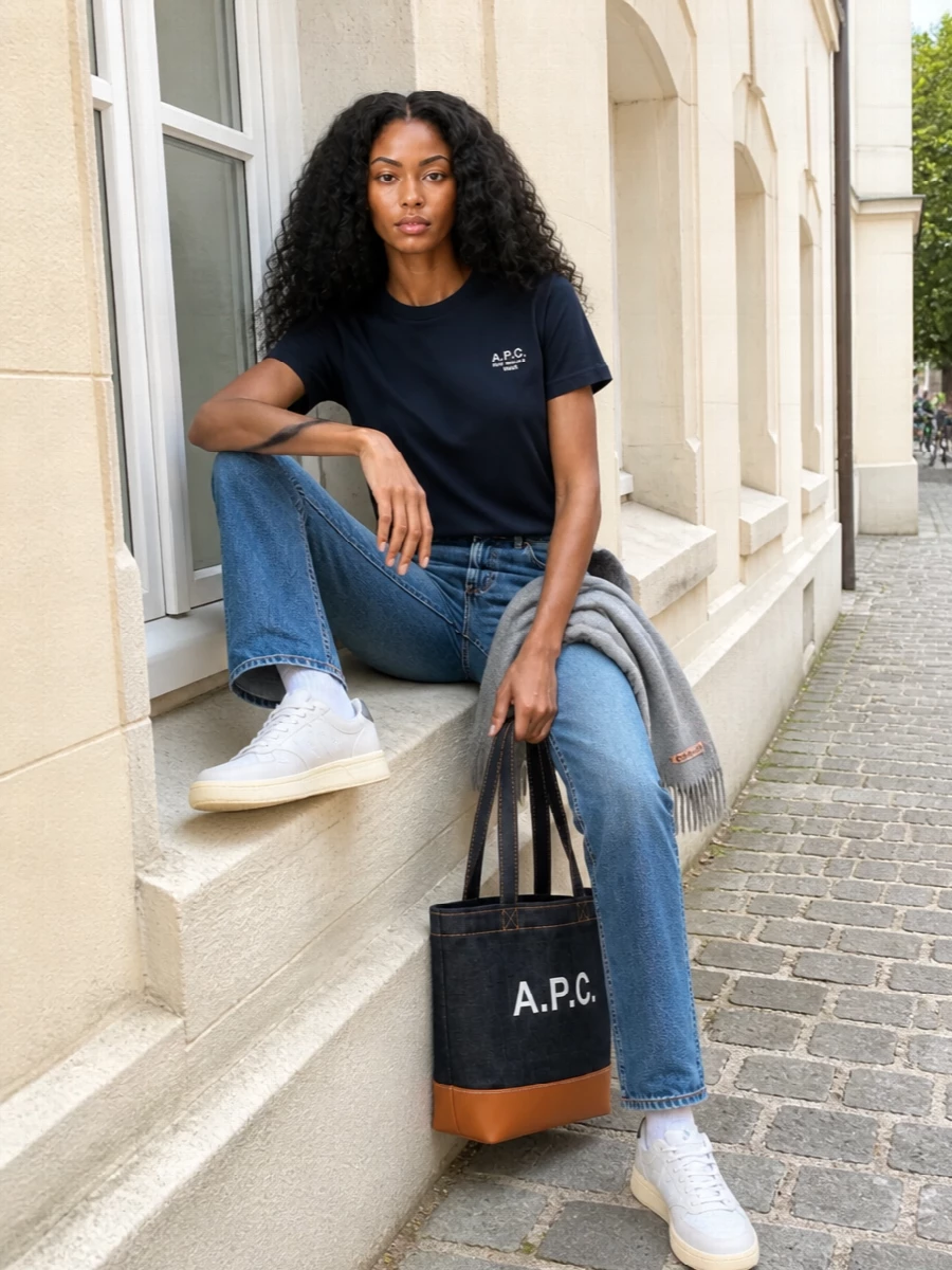 Apc navy tee straight jeans sneakers