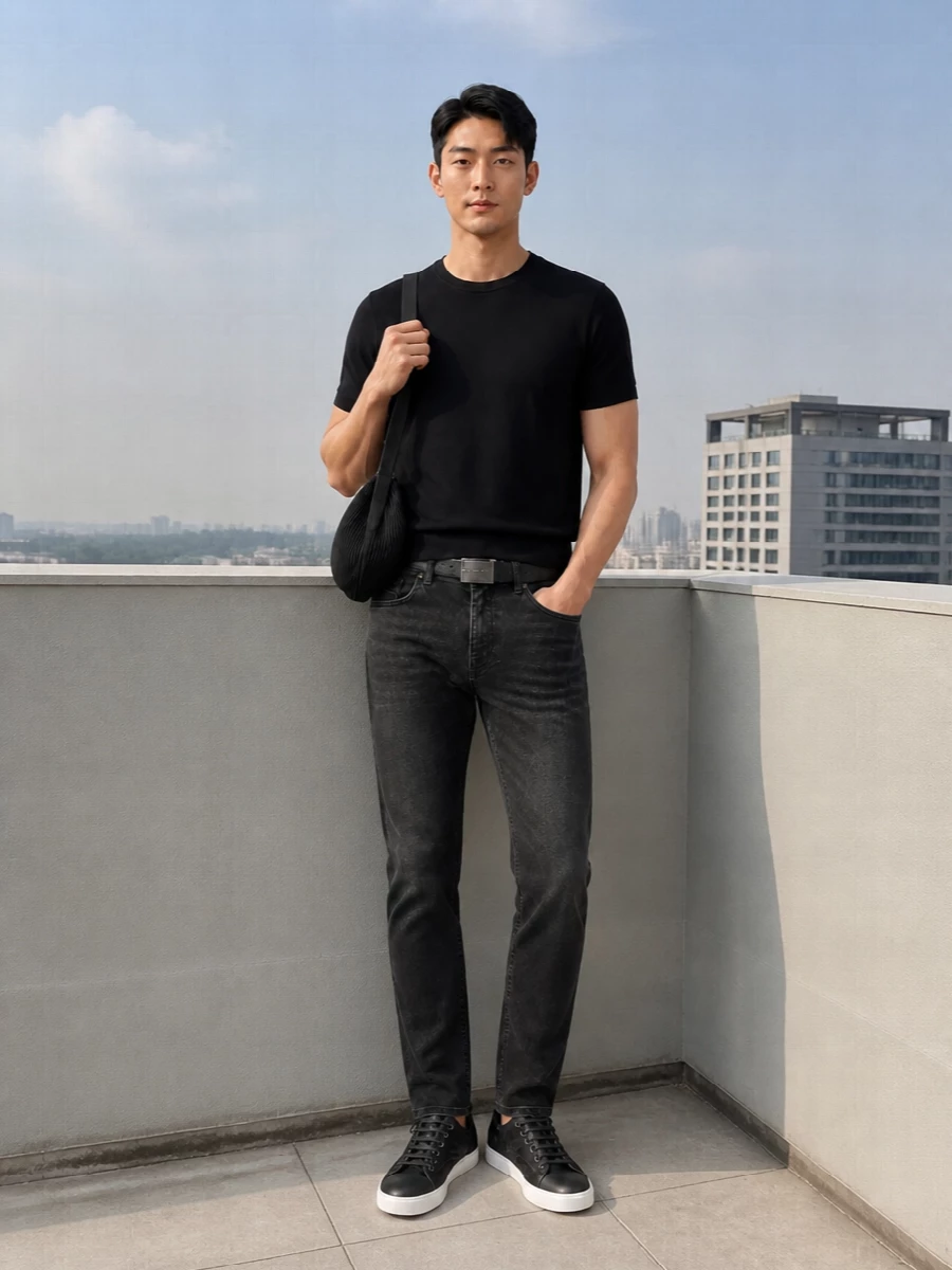 Pt torino jeans black knit tee lanvin sneakers