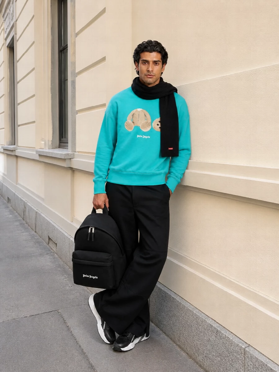 Palm angels teddy sweatshirt black wide leg pants