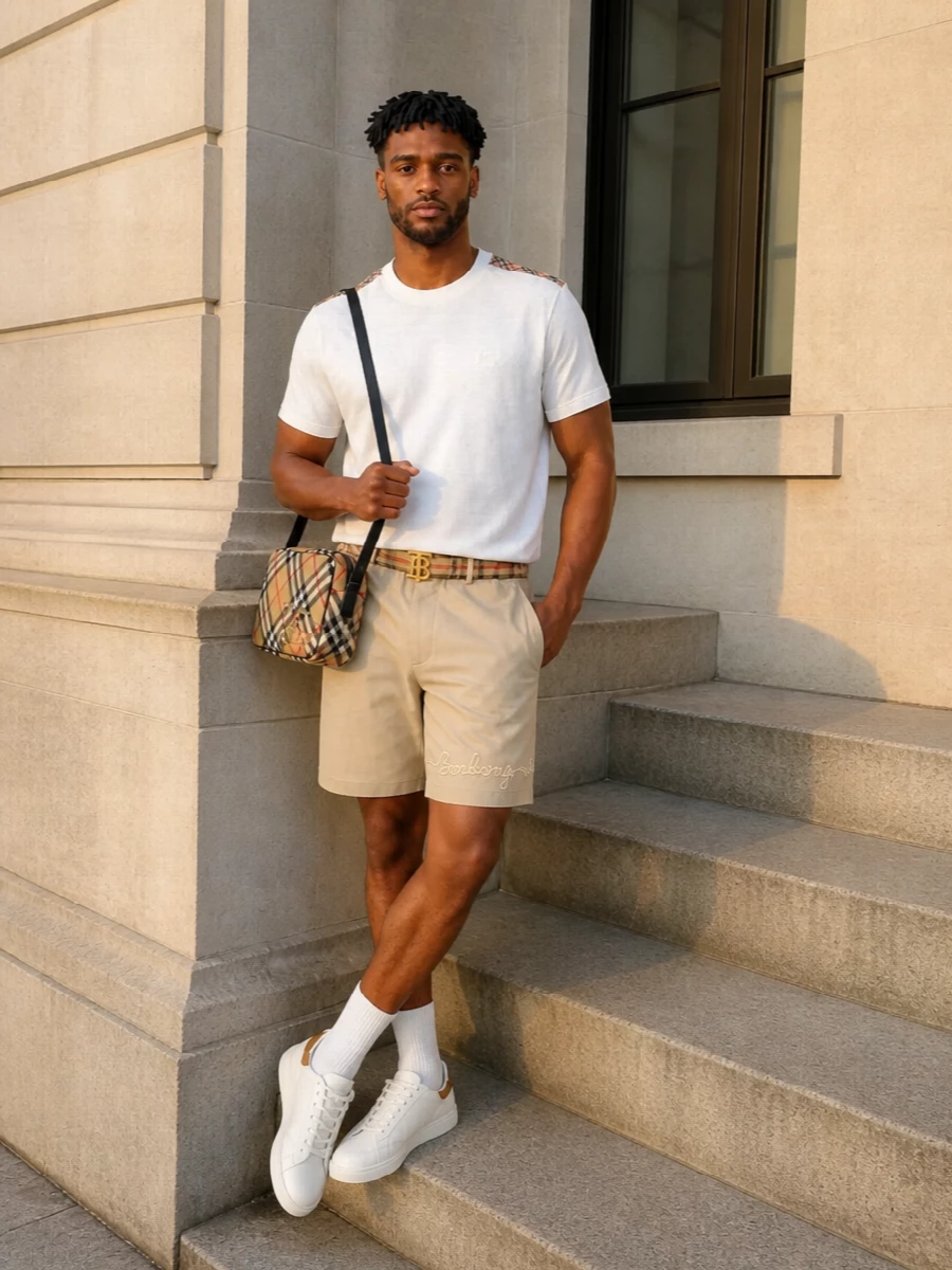 Burberry cream tee beige shorts white sneakers