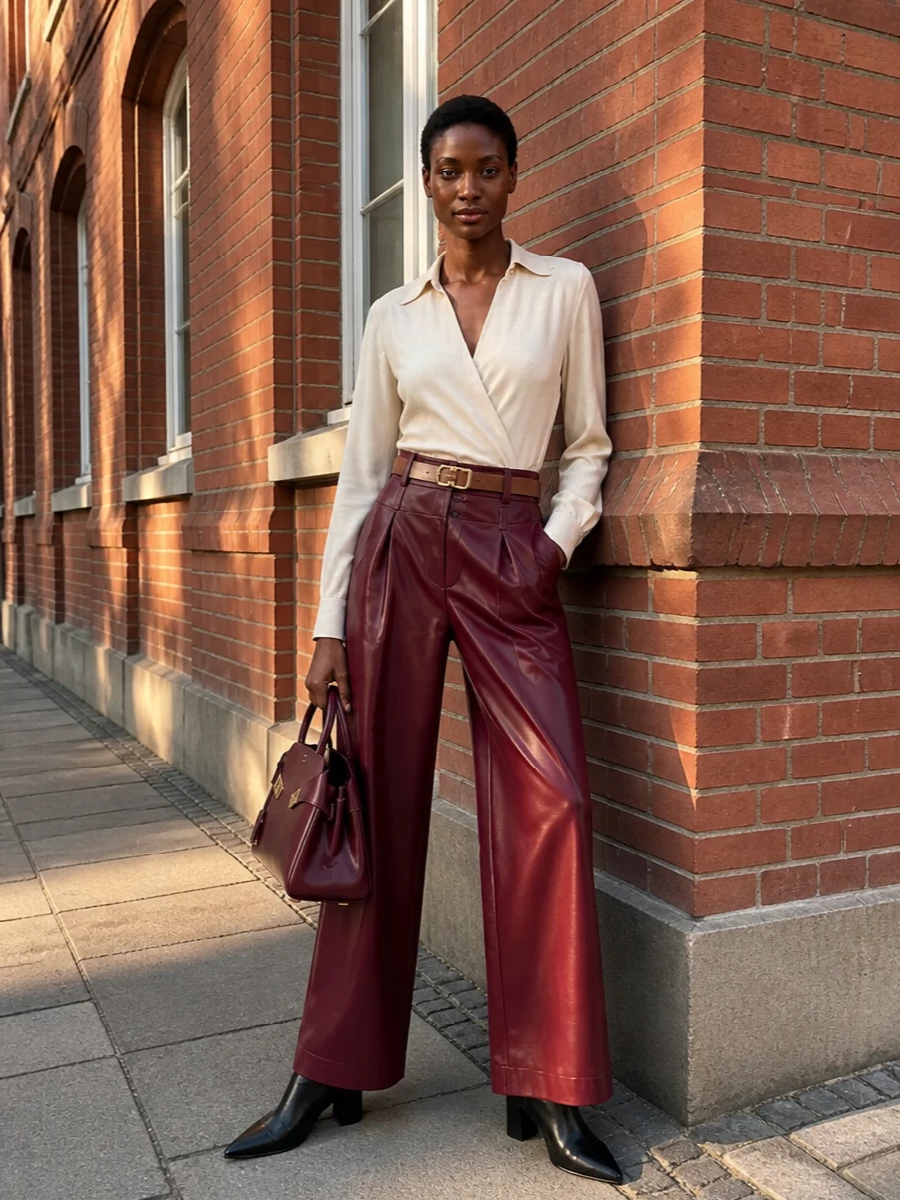 Alberta ferretti wine trousers cream bodysuit outfit