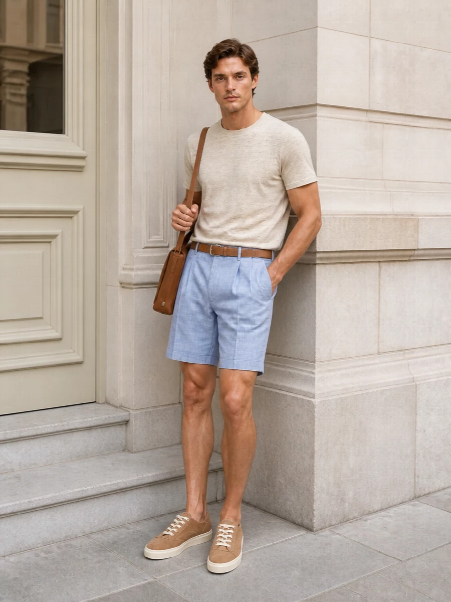 Cucinelli tee chambray shorts suede sneakers