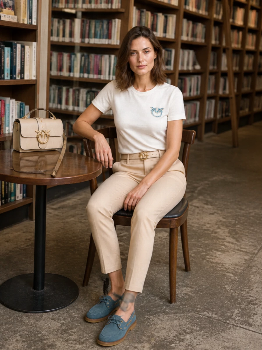 A clean off‑white tee meets light beige tailoring for a soft, preppy take on casual dressing. Dusty teal loafers quietly echo the tee’s emblem, while a warm beige crossbody and nude belt keep everything light, coordinated and easy for summer days. The silhouette stays streamlined and relaxed, polished enough for city plans yet unfussy for everyday wear.