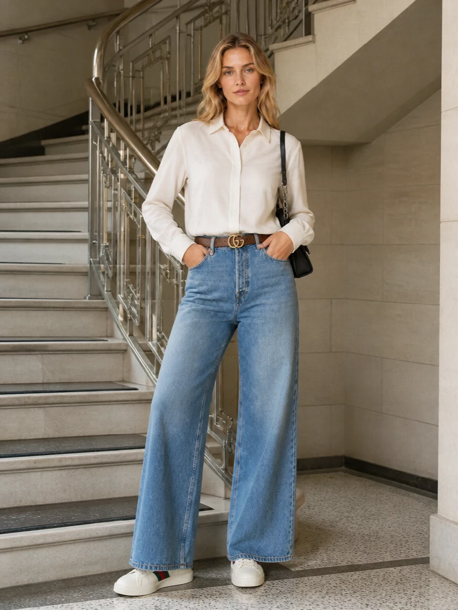 Gucci wide leg jeans ivory shirt sneakers