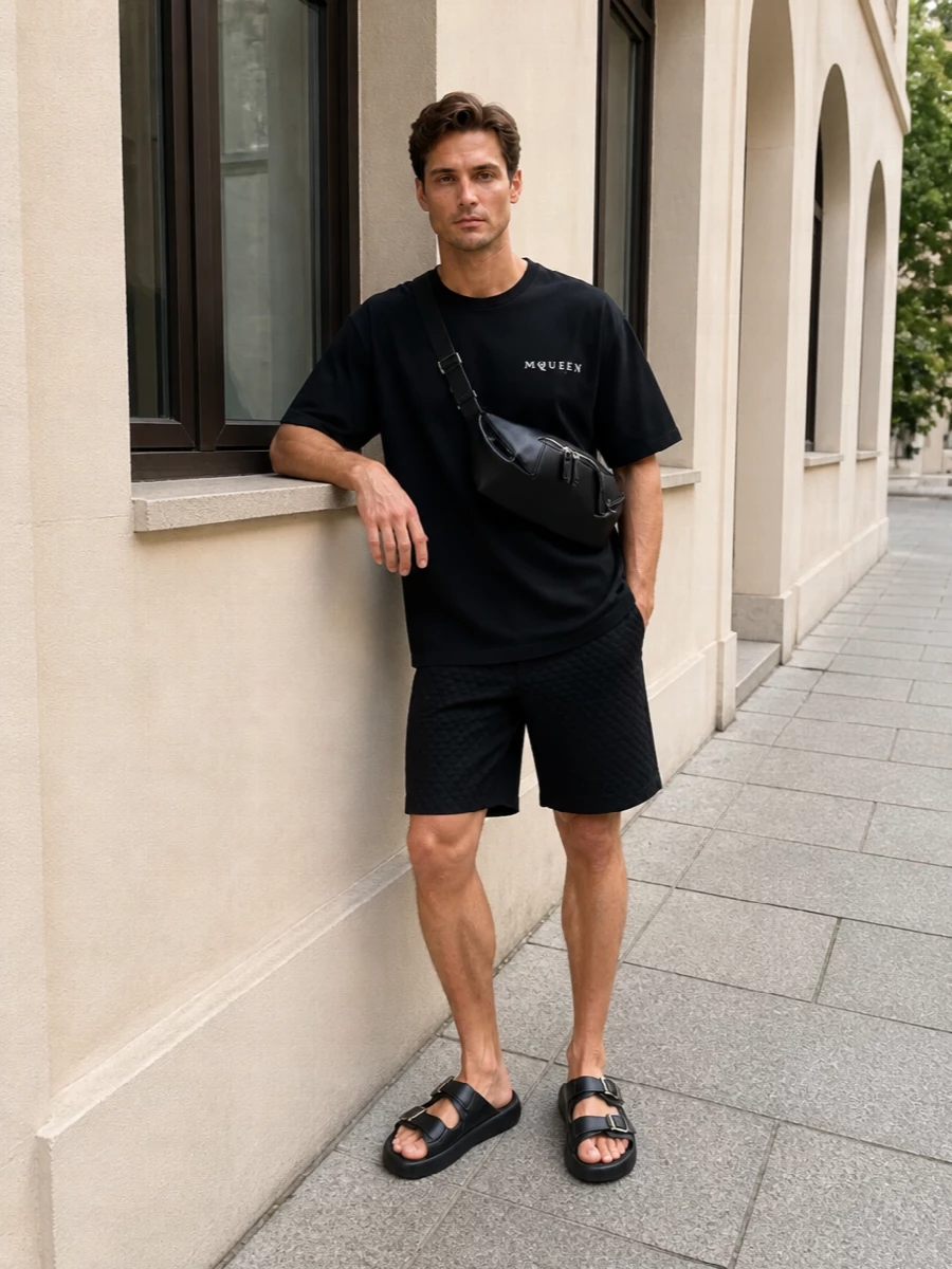 Alexander mcqueen black tee tailored shorts outfit