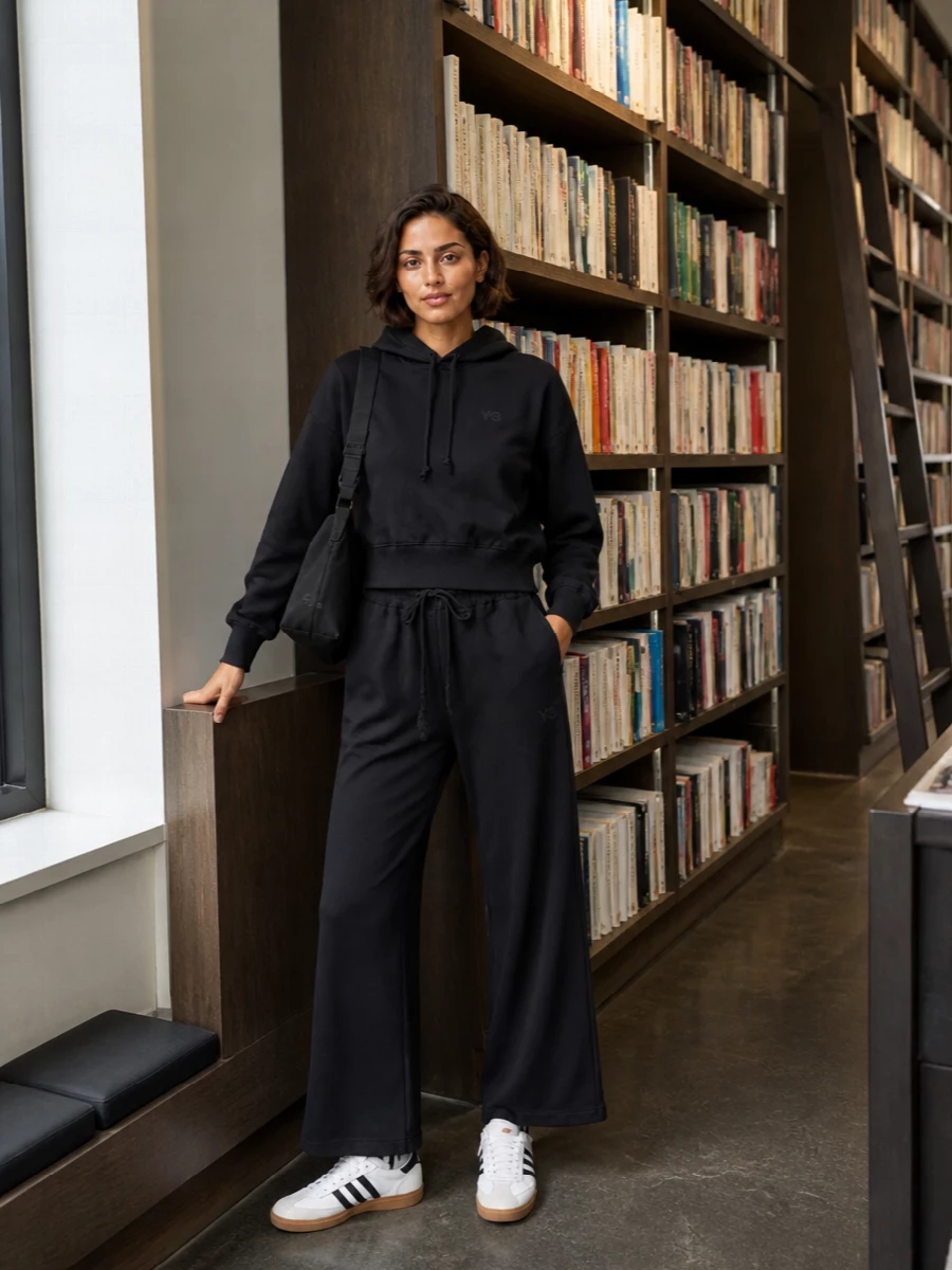 Y3 black hoodie wide leg track pants outfit