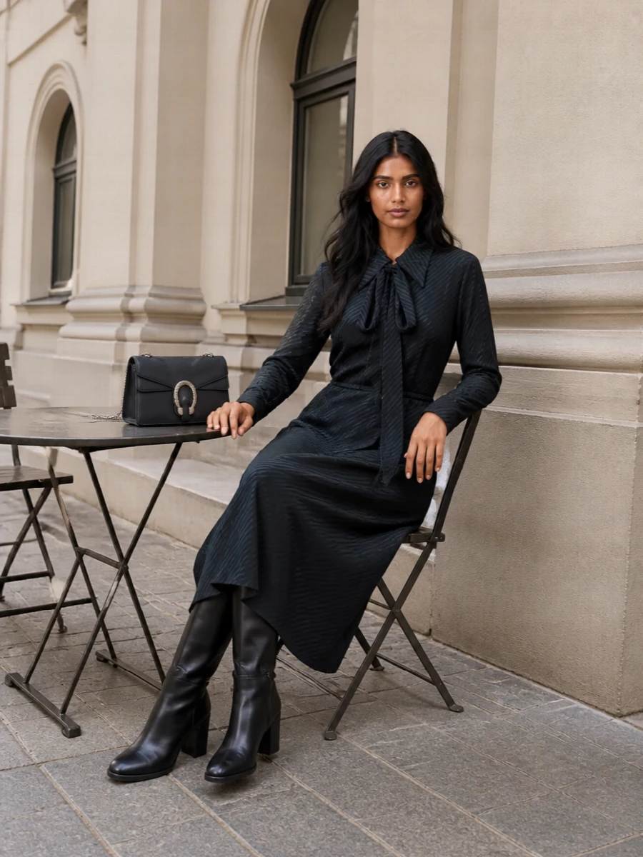 The tie-neck charcoal midi shirt dress and sleek black Gucci knee boot create a long, disciplined line that feels confident and quietly opulent for city evenings. Deep, inky tones keep the mood restrained while the subtle bow and house codes add just enough drama. A compact black shoulder bag with silver hardware finishes the ensemble with clean, architectural precision that matches the boot’s sculpted heel.