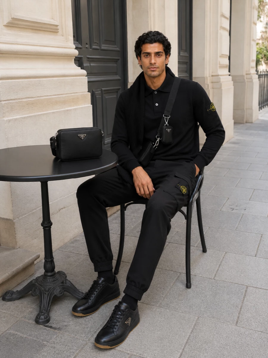 Stone island black joggers prada leather sneakers