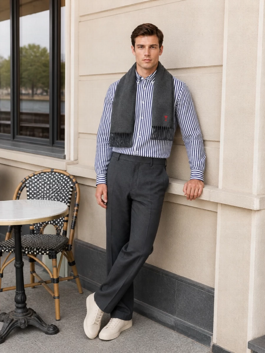 Ami paris striped shirt charcoal trousers outfit