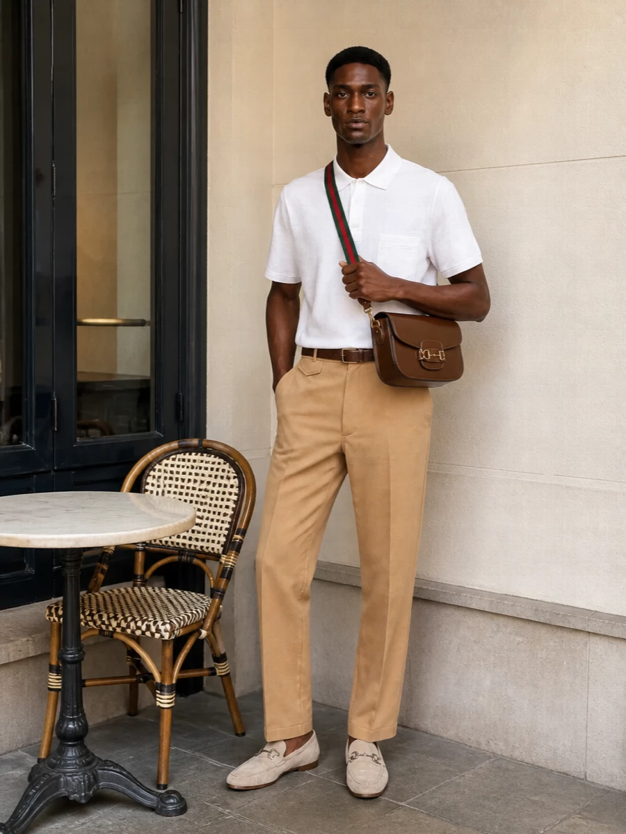 Gucci camel trousers polo outfit loafers