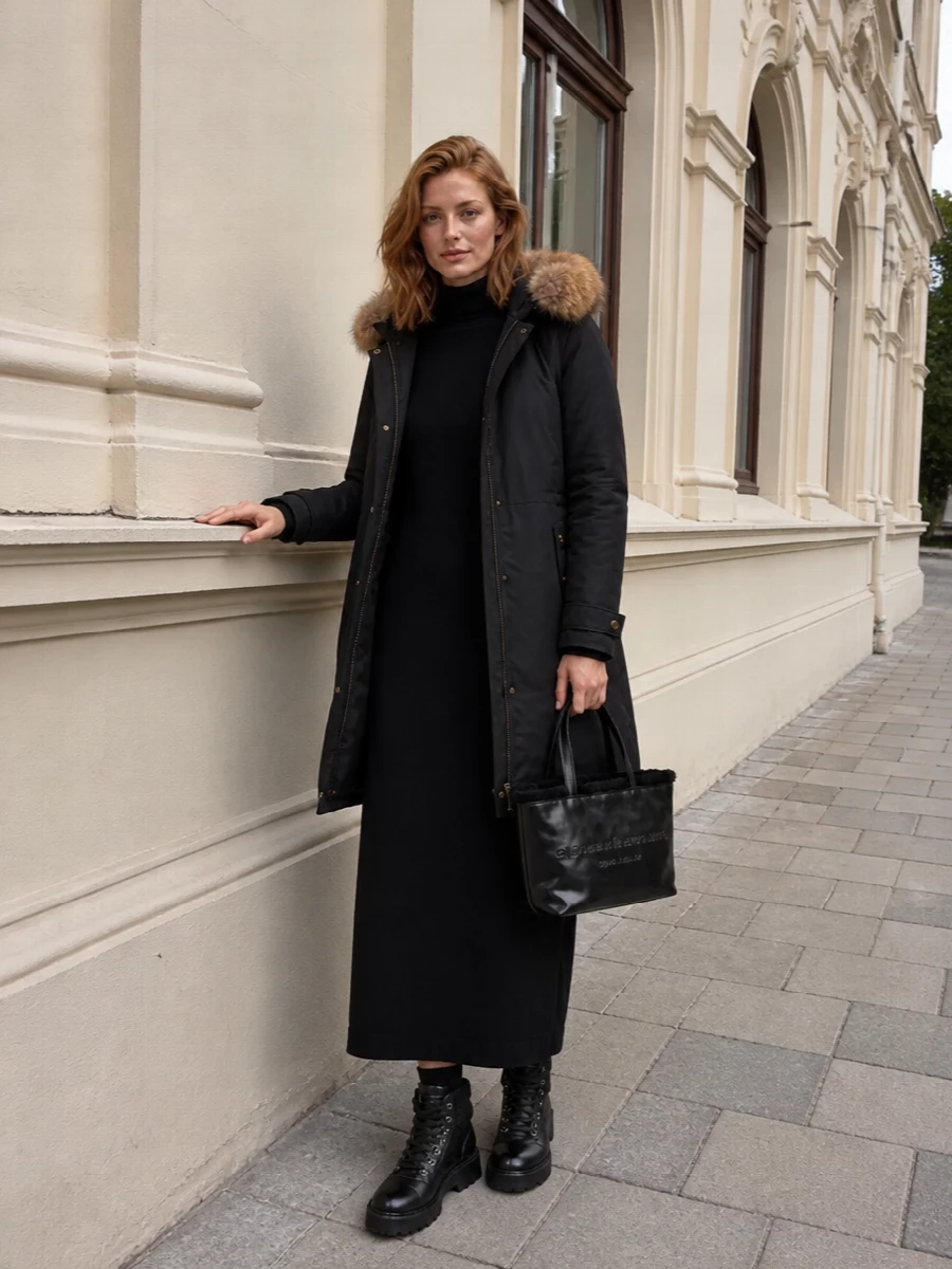 Woolrich parka black knit dress hiker boots