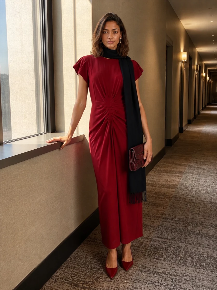 Isabel marant red dress burgundy clutch heels
