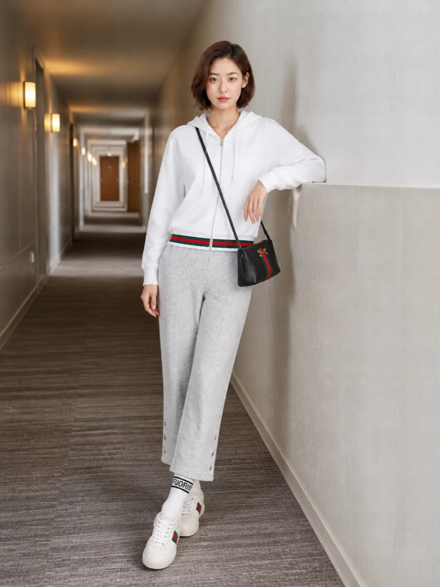 Gucci grey track pants white hoodie sneakers