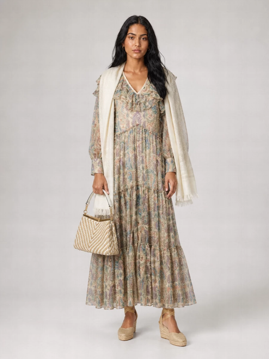 Etro Silk Paisley-Print Ruffled V-Neck Long-Sleeve Maxi Dress