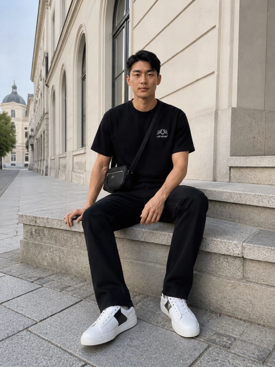An all-black base keeps the Off-White tee and Acne denim feeling clean and graphic, with the straight leg echoing the tee’s easy boxy line. Valentino’s banded sneakers introduce a precise hit of contrast, and the compact crossbody keeps everything sharp and hands-free for the city. The result is relaxed streetwear that reads considered rather than loud.